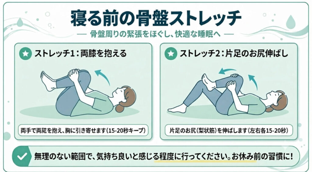産後の骨盤まわりをゆるめるストレッチのイメージ