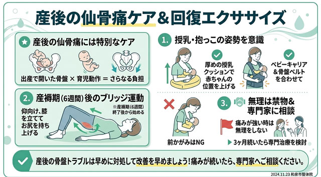 産後に仙骨周辺の痛みで悩む女性のイメージ